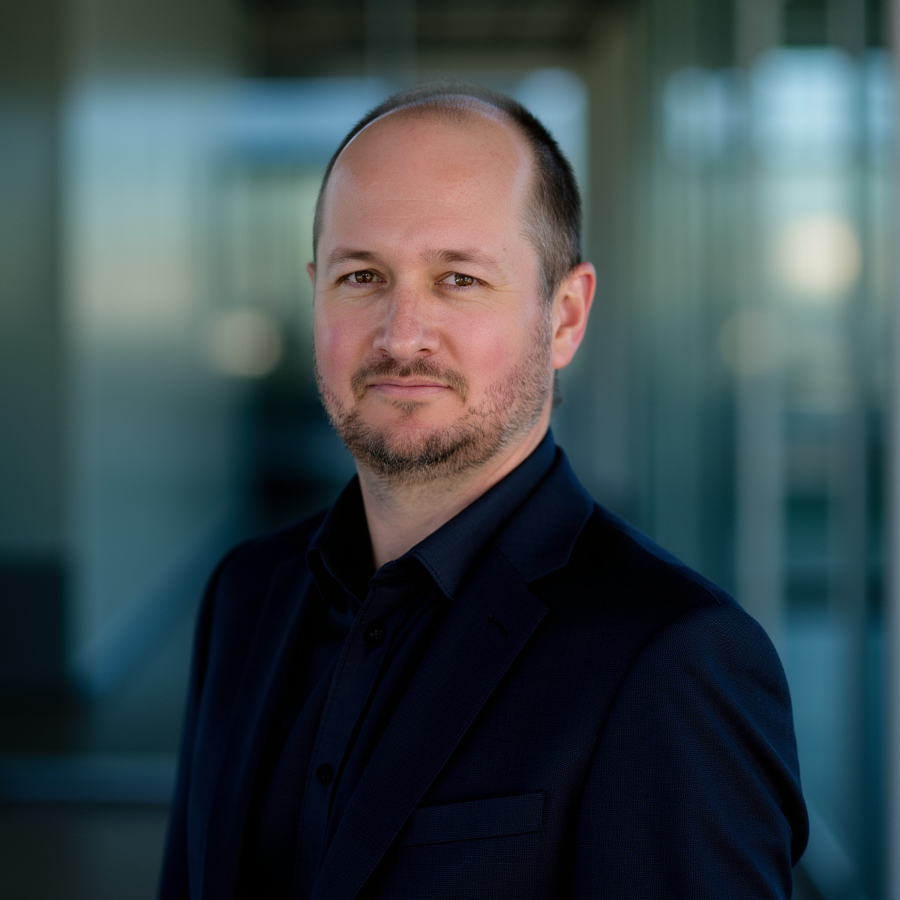 Trent Yeend, Lumynyx founder and mathematician, smiling in dark jacket against neutral background.
