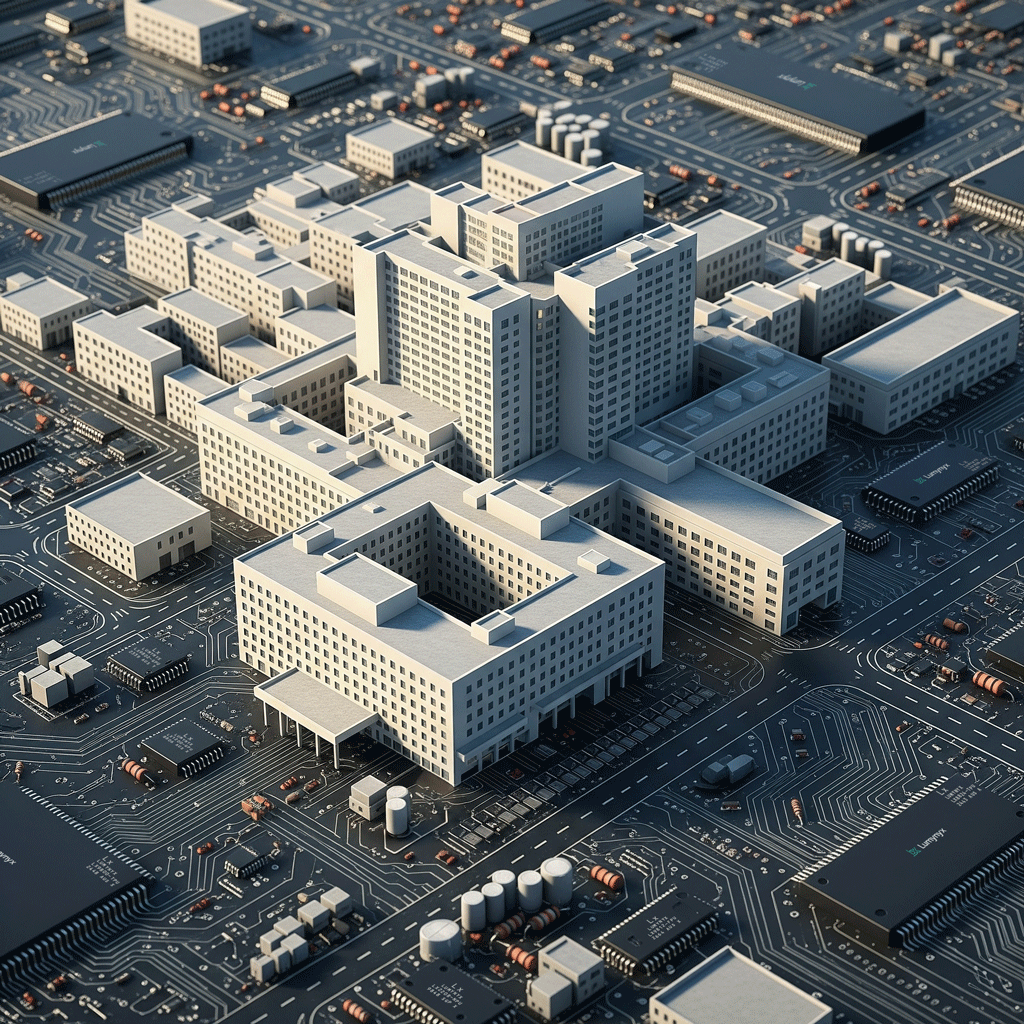 Hospital complex nested on a Lumynyx computer circuit board, conveying data-driven healthcare.